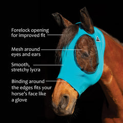 Professional's Choice Comfort Fit Fly Mask Pacific Blue eye-area close-up highlighting forelock opening for secure fit