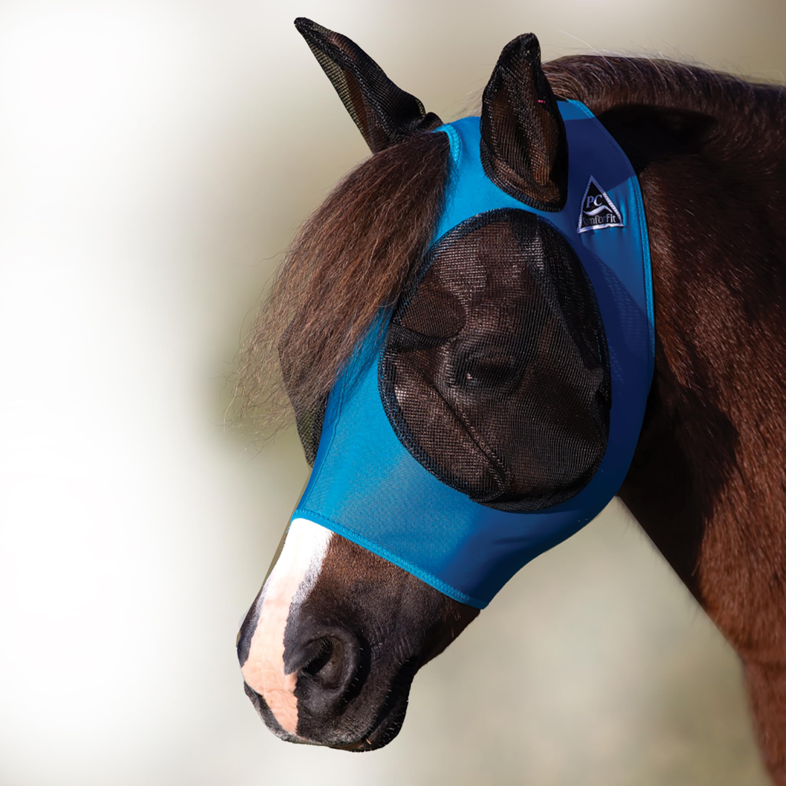 Professional's Choice Comfort Fit Fly Mask Pacific Blue front view with breathable eye mesh for clear vision