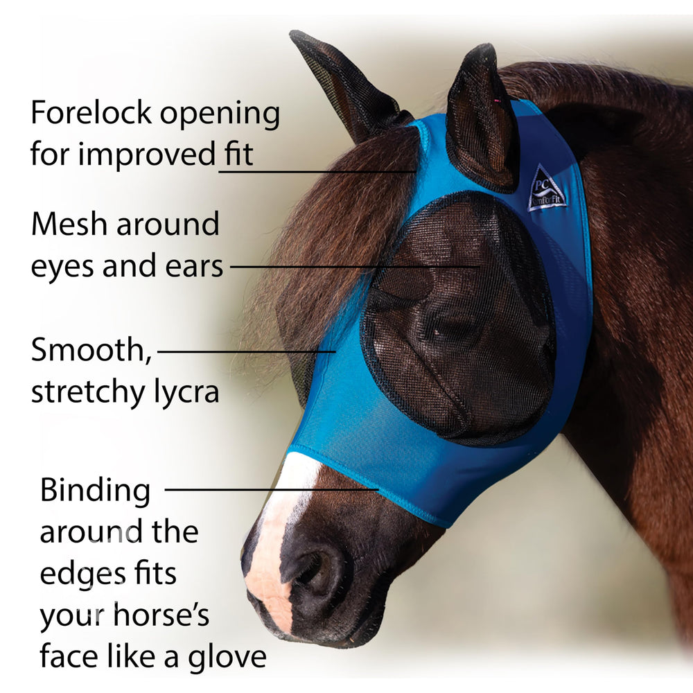 Professional's Choice Comfort Fit Fly Mask Pacific Blue side view shows forelock opening for secure, comfortable fit
