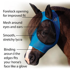 Professional's Choice Comfort Fit Fly Mask Pacific Blue side view shows forelock opening for secure, comfortable fit