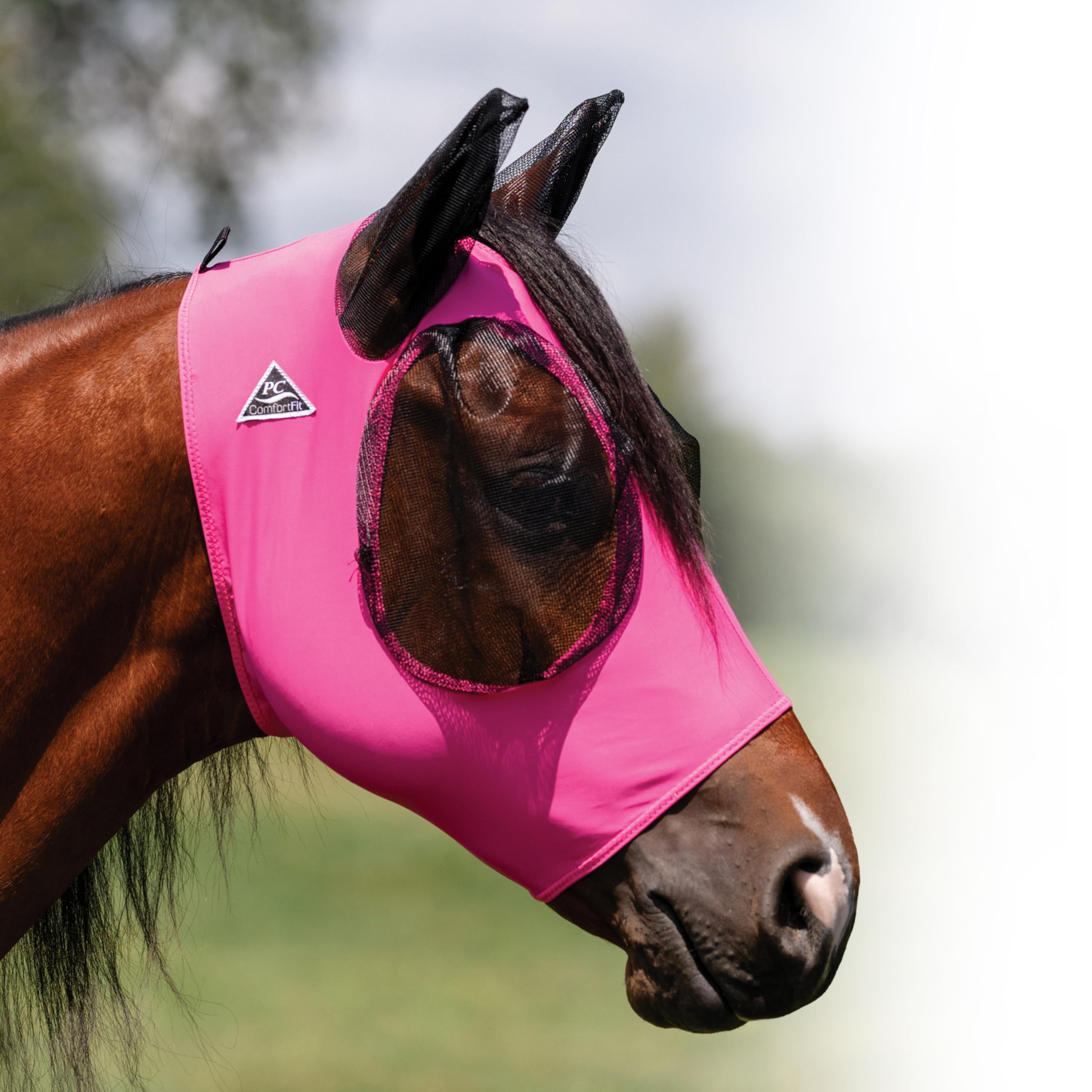 Professional's Choice Comfort-Fit Fly Mask pink face reduces fly intrusion around eyes.