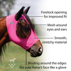 Professional's Choice Comfort-Fit Fly Mask pink mesh around eyes and ears for clear vision.