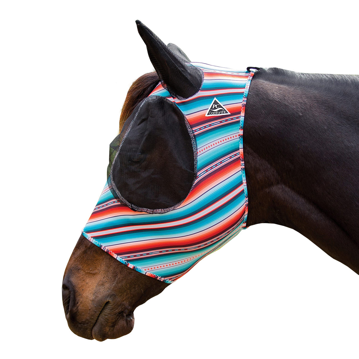 Professional's Choice Comfort Fit Fly Mask Santiago highlights eye/ear mesh for clear vision and fly protection.