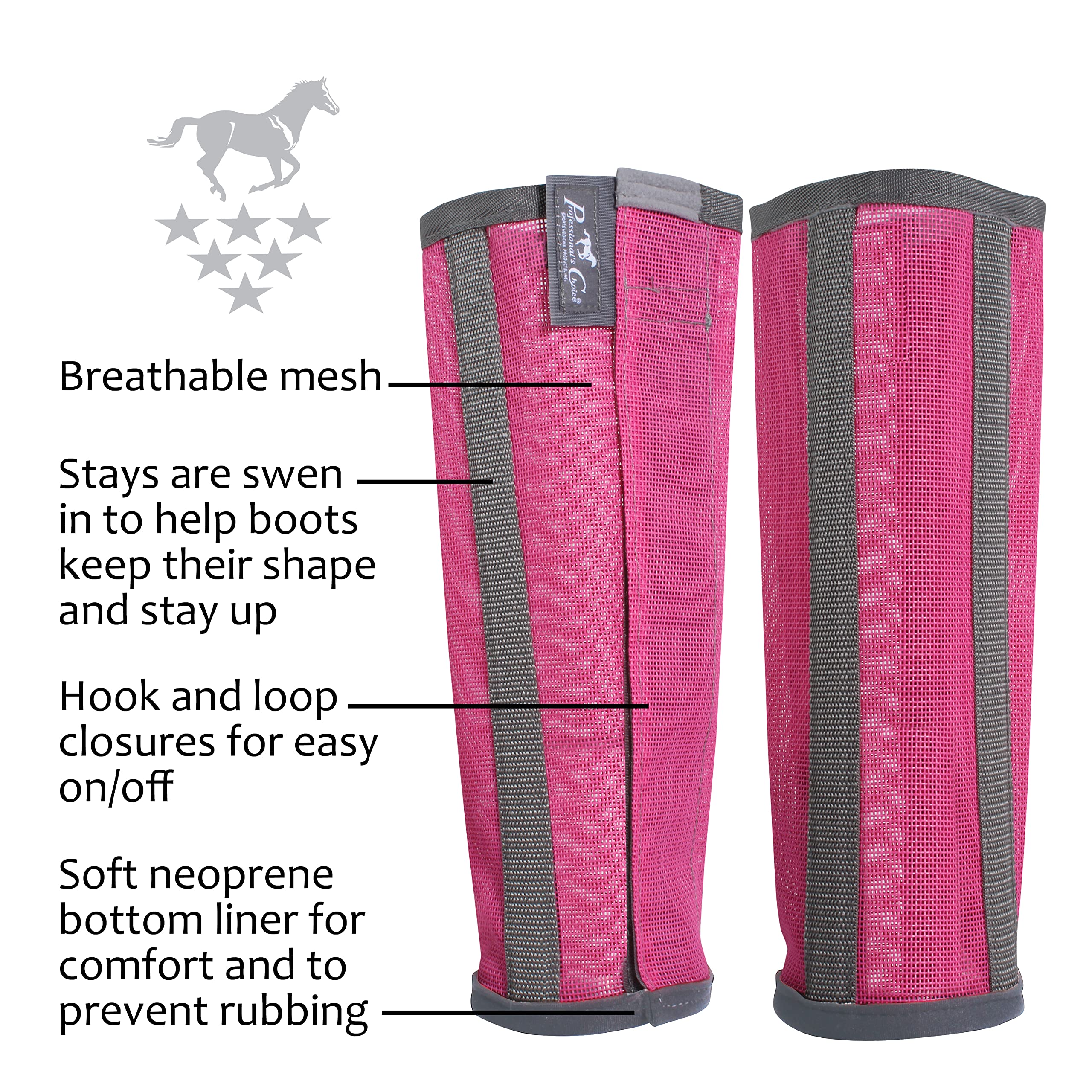 Professional's Choice Deluxe Fly Boots mini pink stays help maintain boot shape during riding.