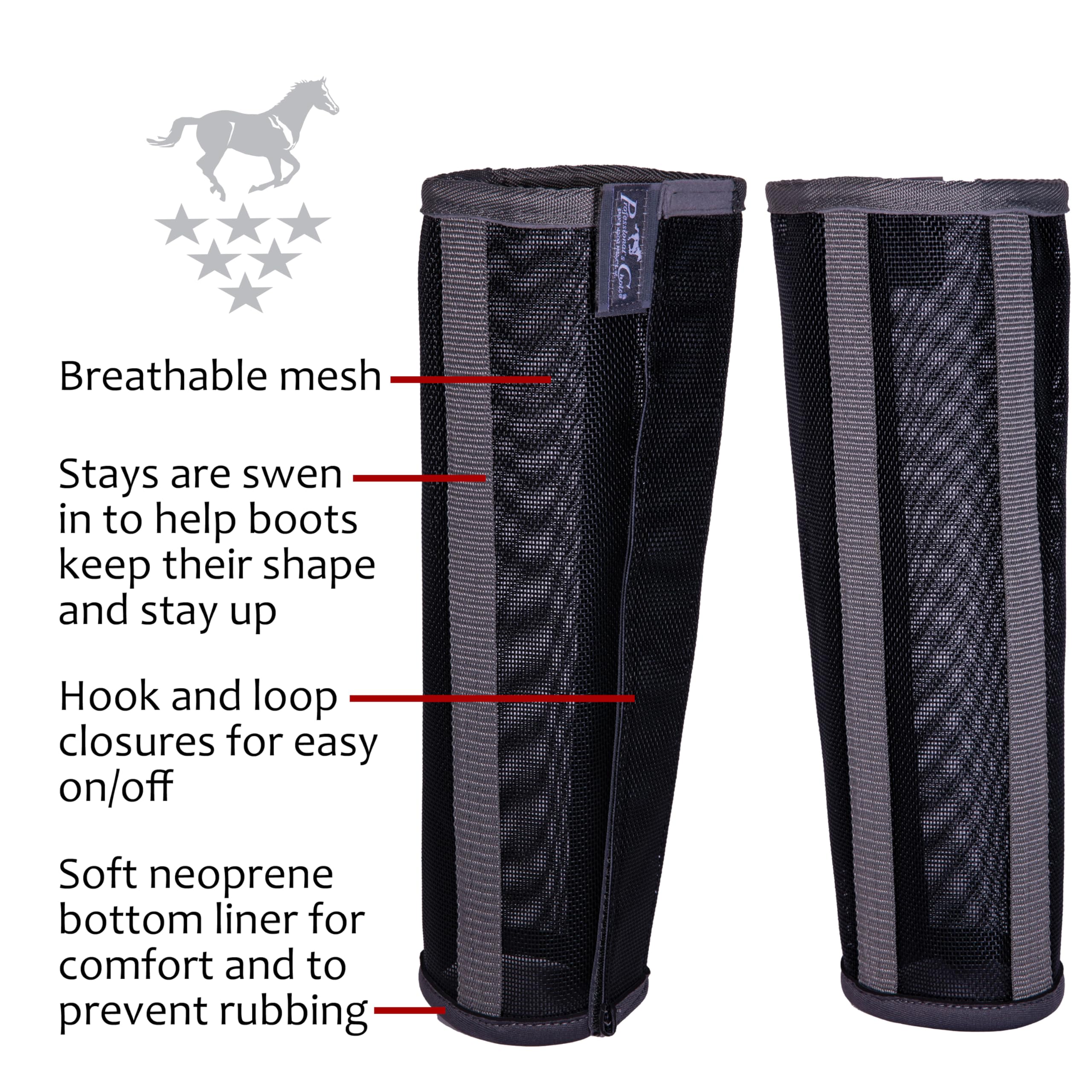 Professional's Choice Deluxe Fly Boots mini close-up shows sewn-in stays maintaining shape.