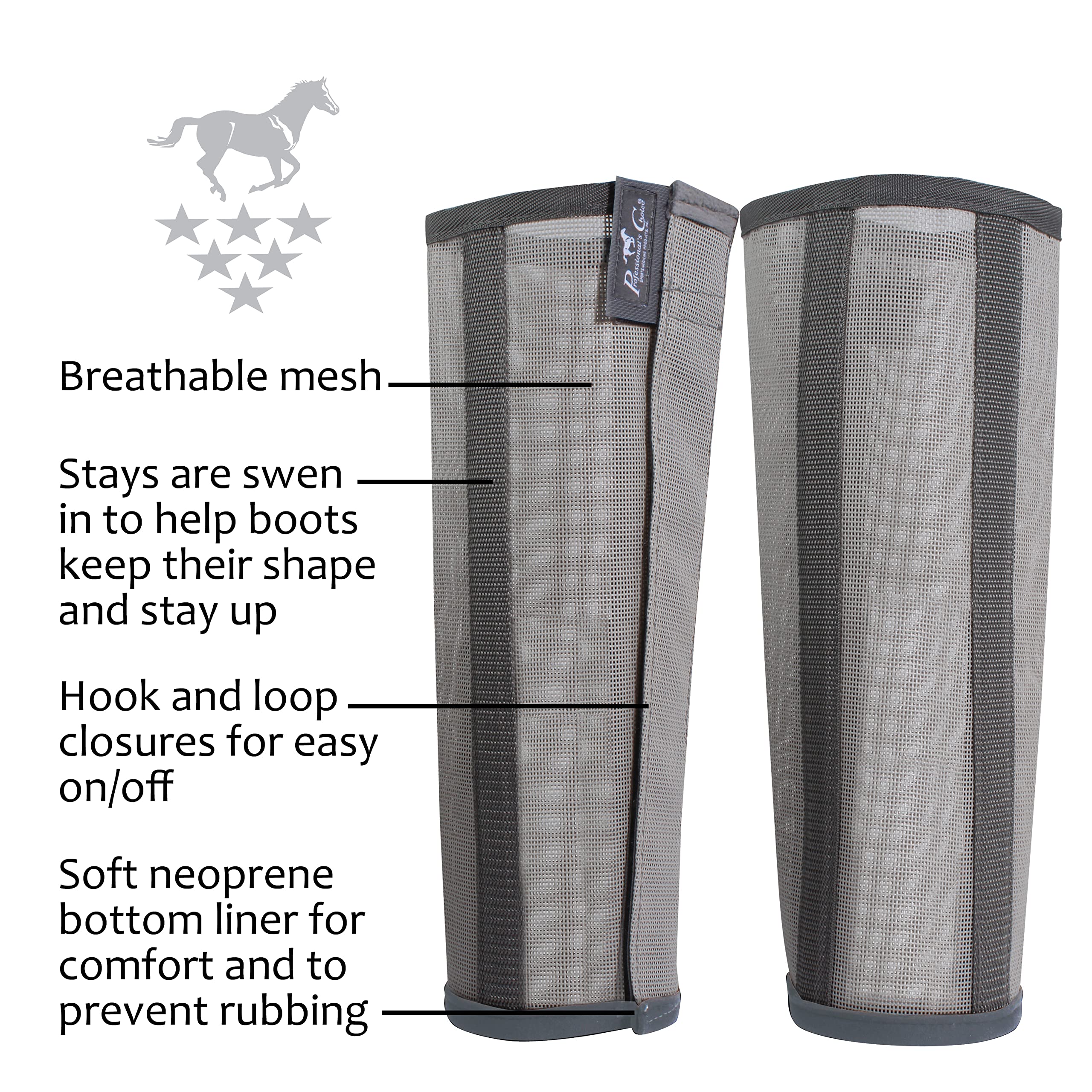 Professional's Choice Deluxe Fly Boots sewn-in stays closeup demonstrates secure fit.