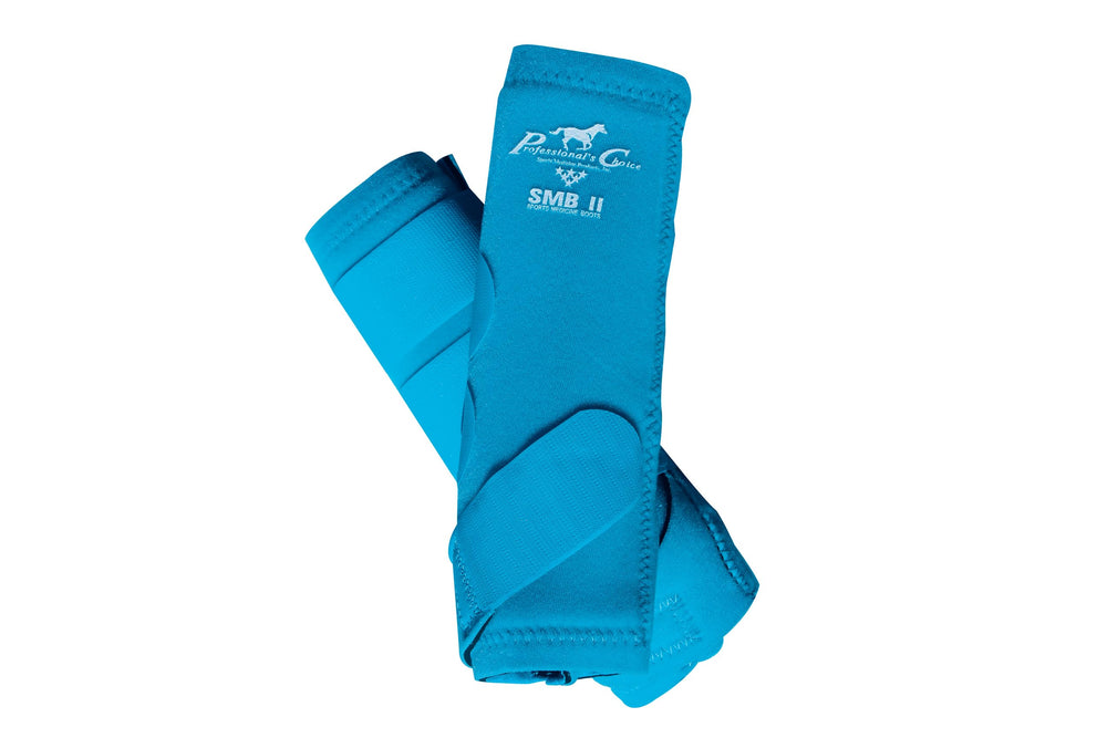 Professional's Choice SMBII Pacific Blue boot close-up showing protective leg support for competition horses.