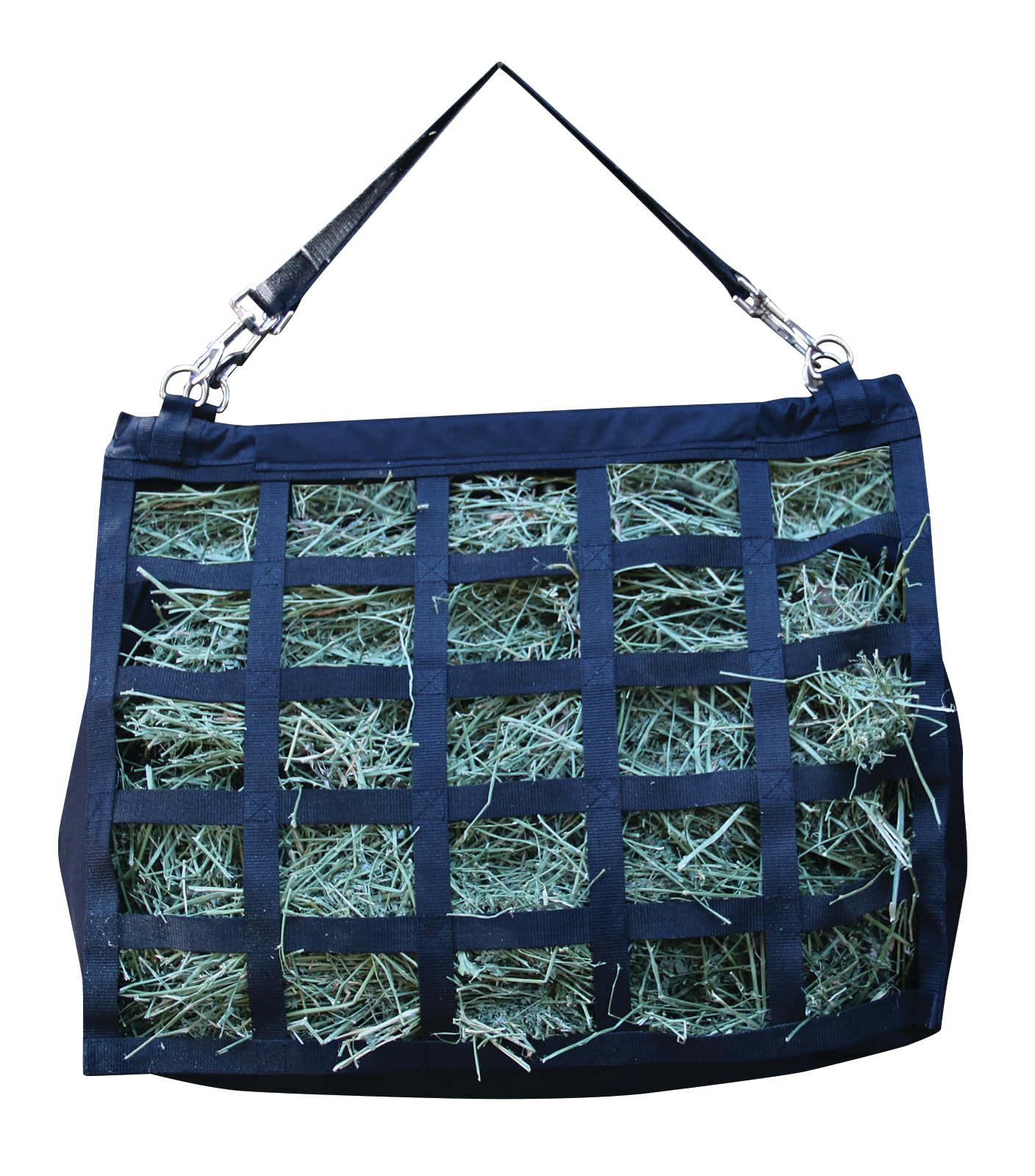 Professional's Choice Medium Feeder Hay Bag hung with adjustable straps for versatile stall or trailer use.