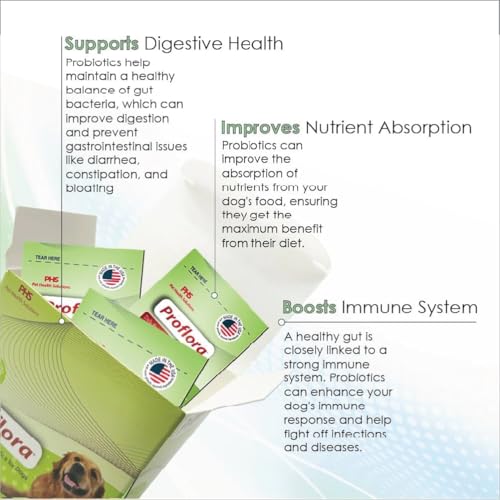 Proflora probiotic powder on dog food showing easy dosing