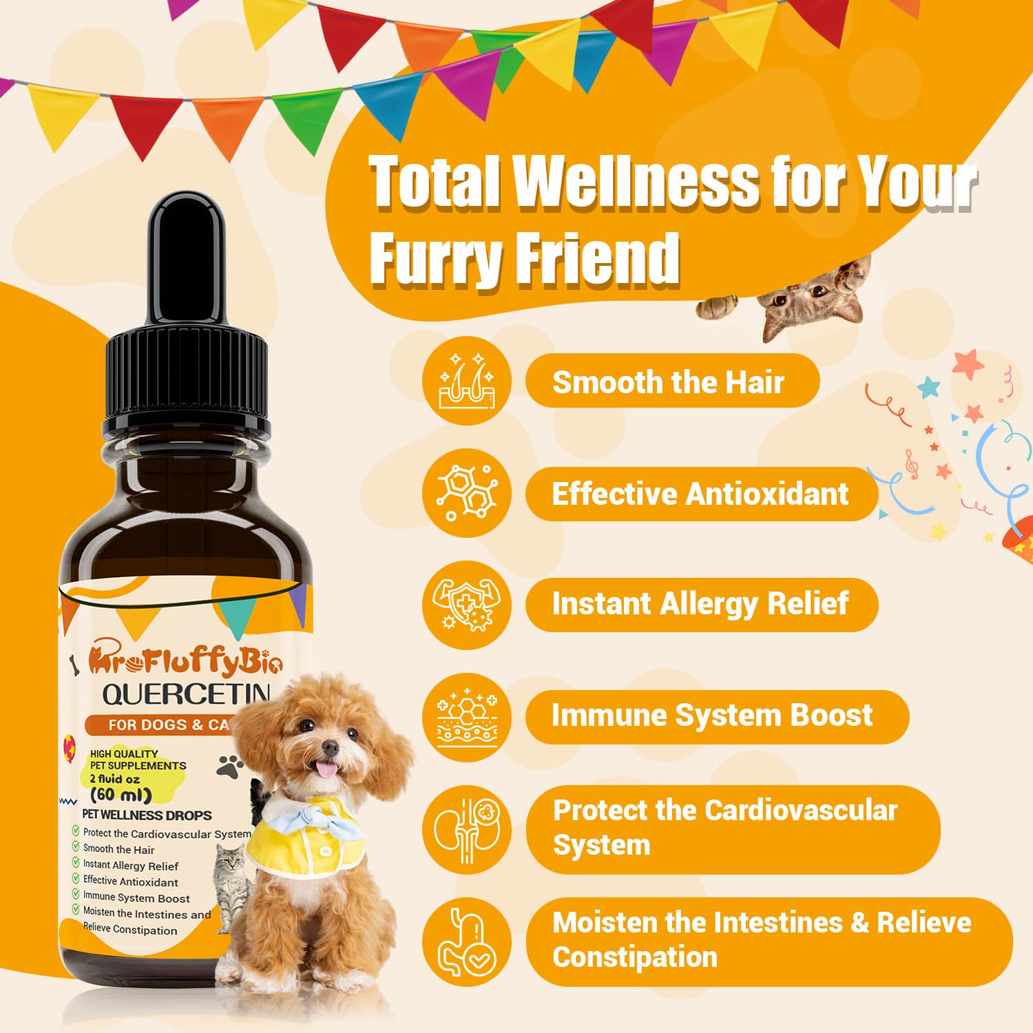 ProFluffyBio Quercetin for Dogs ingredients label highlights natural herbal blend.