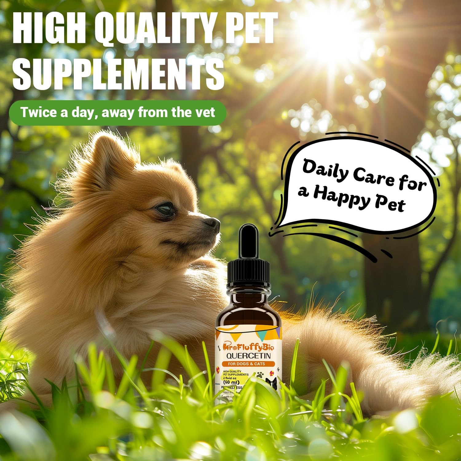 ProFluffyBio Quercetin for Dogs packaging highlights gluten-free and non GMO features.