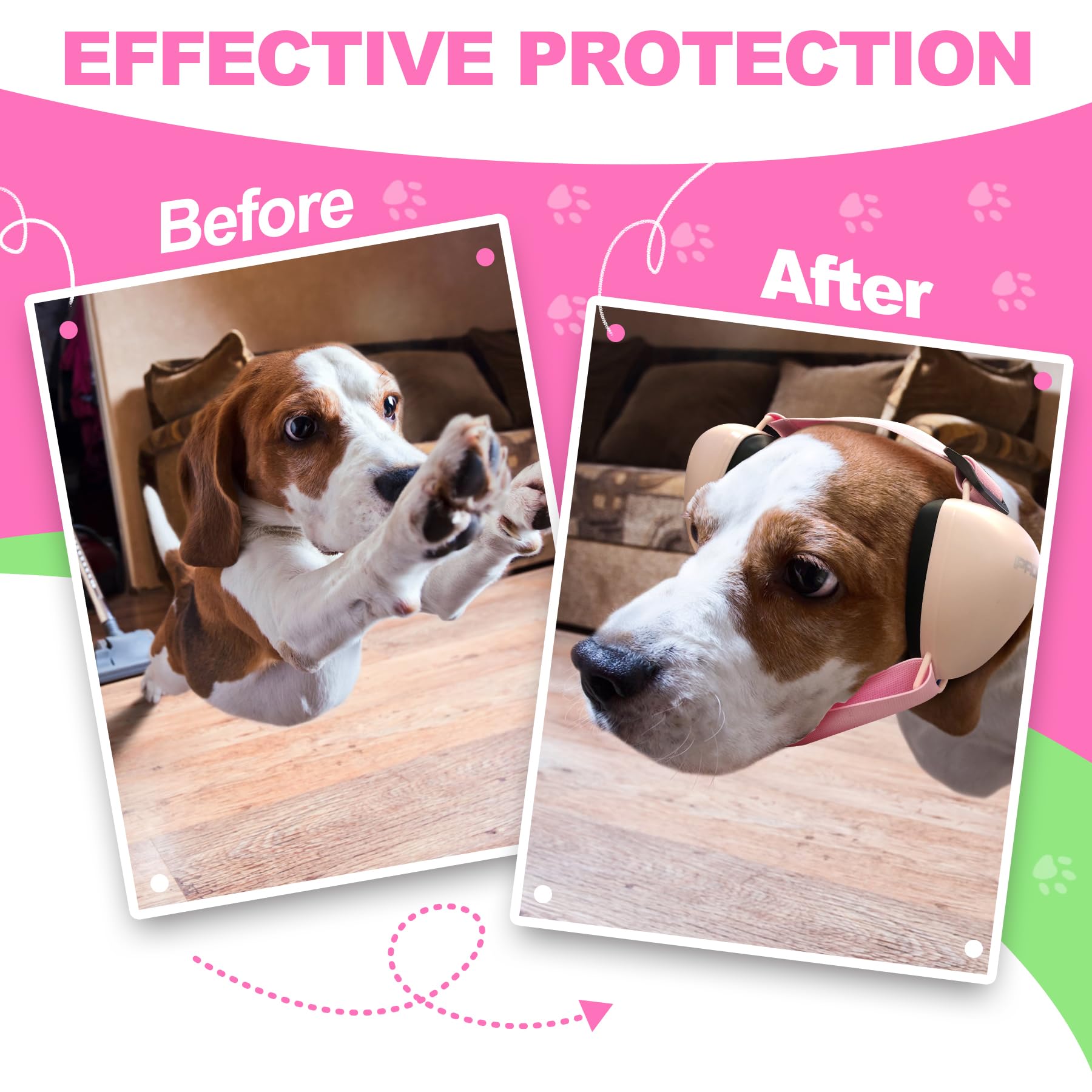 PROHEAR dog ear muffs available in blue, pink, and black for small to large dogs.