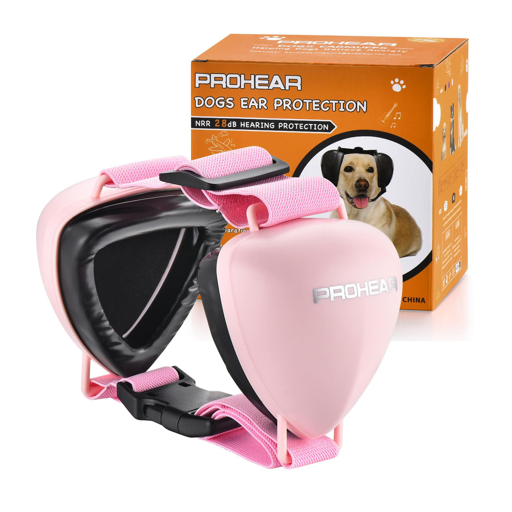PROHEAR Ungrade GEL pads earmuffs pink on dog provide comfortable noise protection during thunderstorms