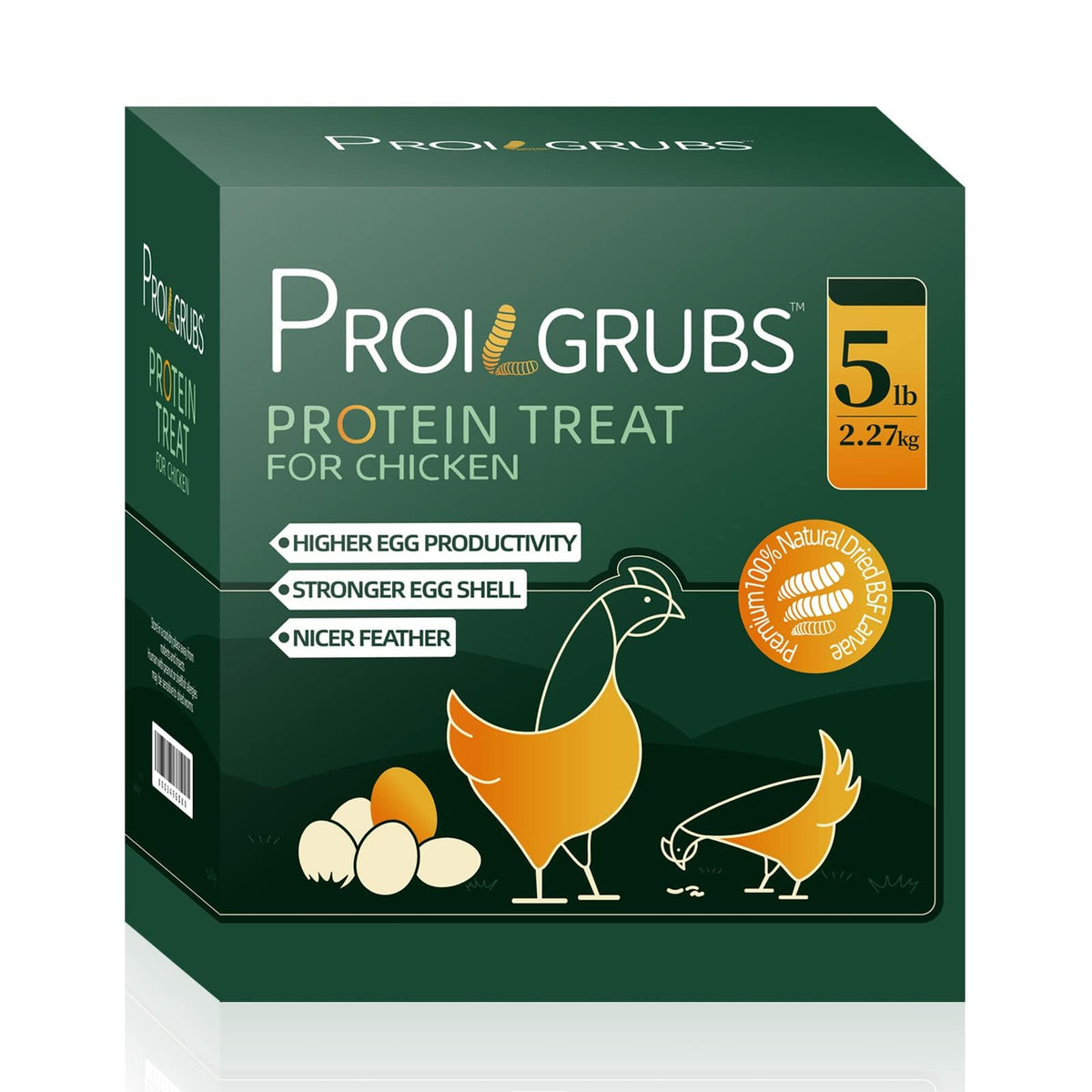 PROILGRUBS 5 lbs bag close-up showing high-protein BSFL for poultry