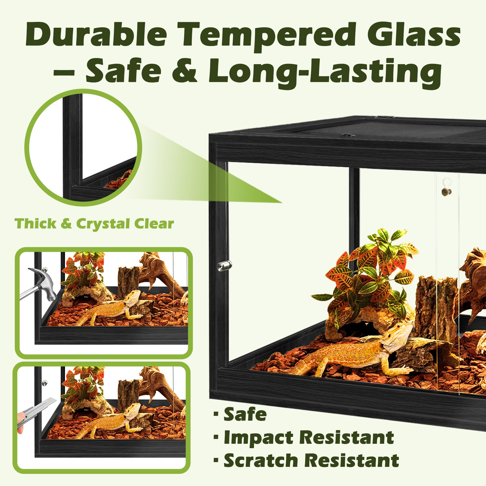 PROLEE 360° tempered glass viewing for full observation of reptile activity.
