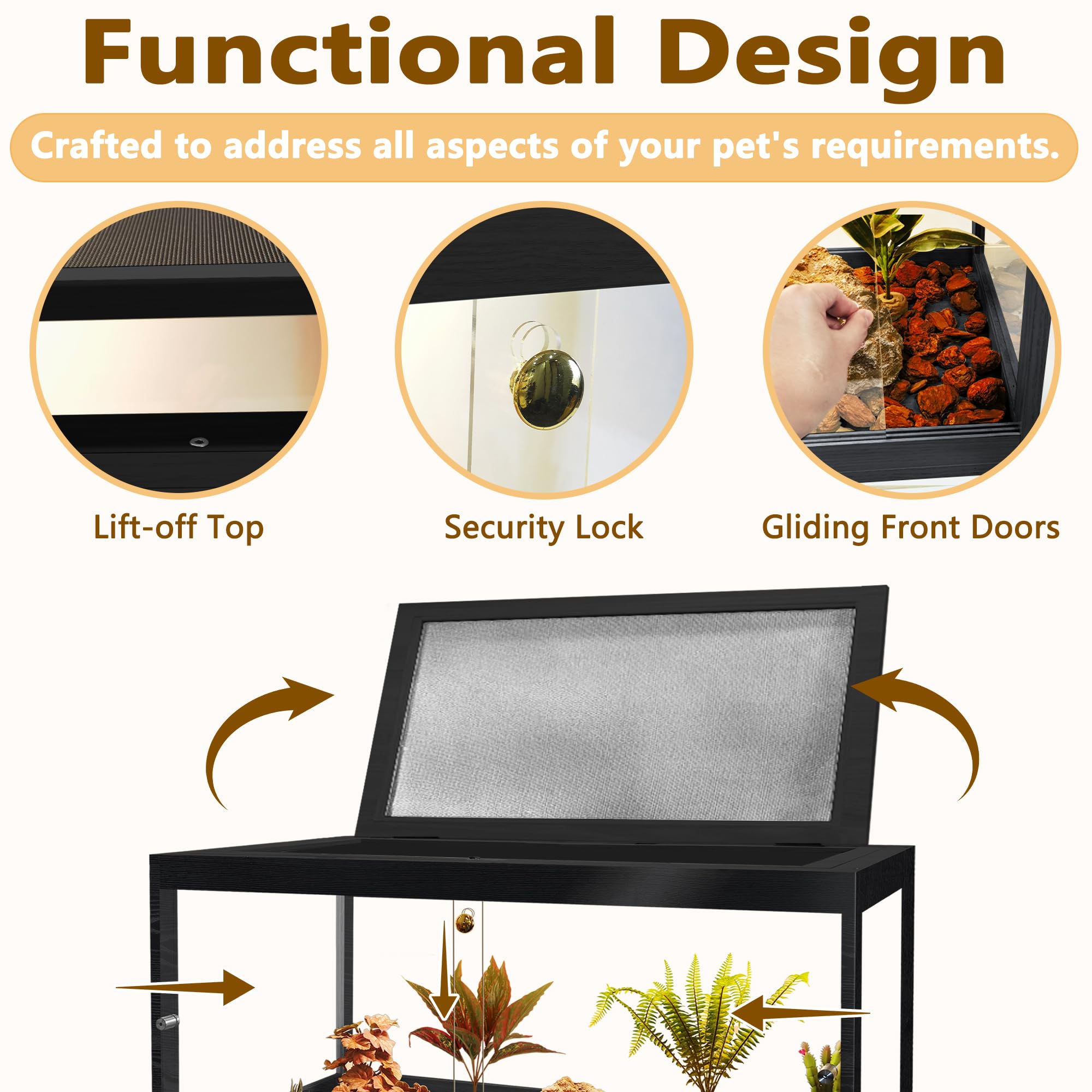 PROLEE Bearded Dragon Tank with metal mesh roof supports ventilation and heat lamp placement.