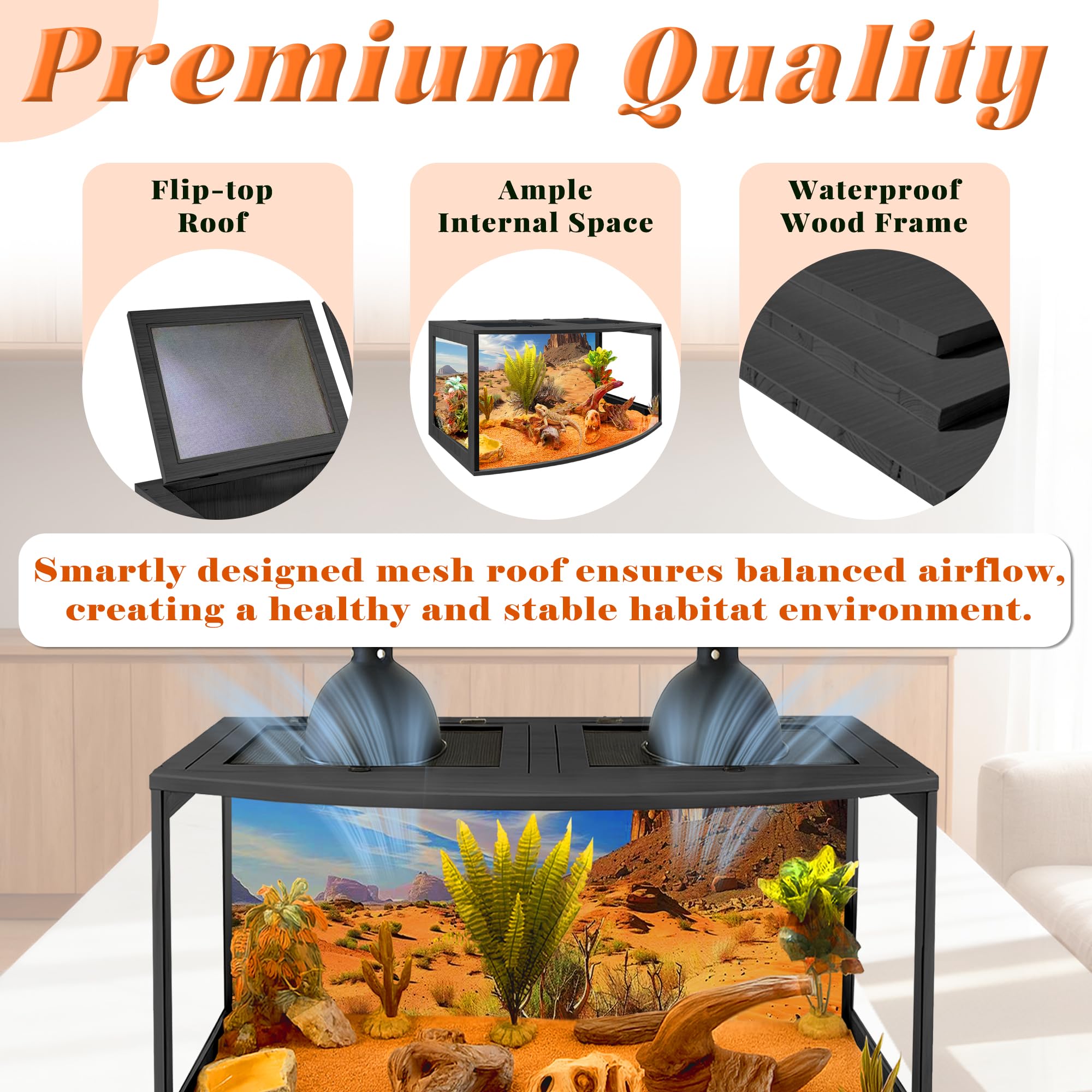 PROLEE Bearded Dragon Tank metal mesh top ensures airflow for healthy enclosure conditions.