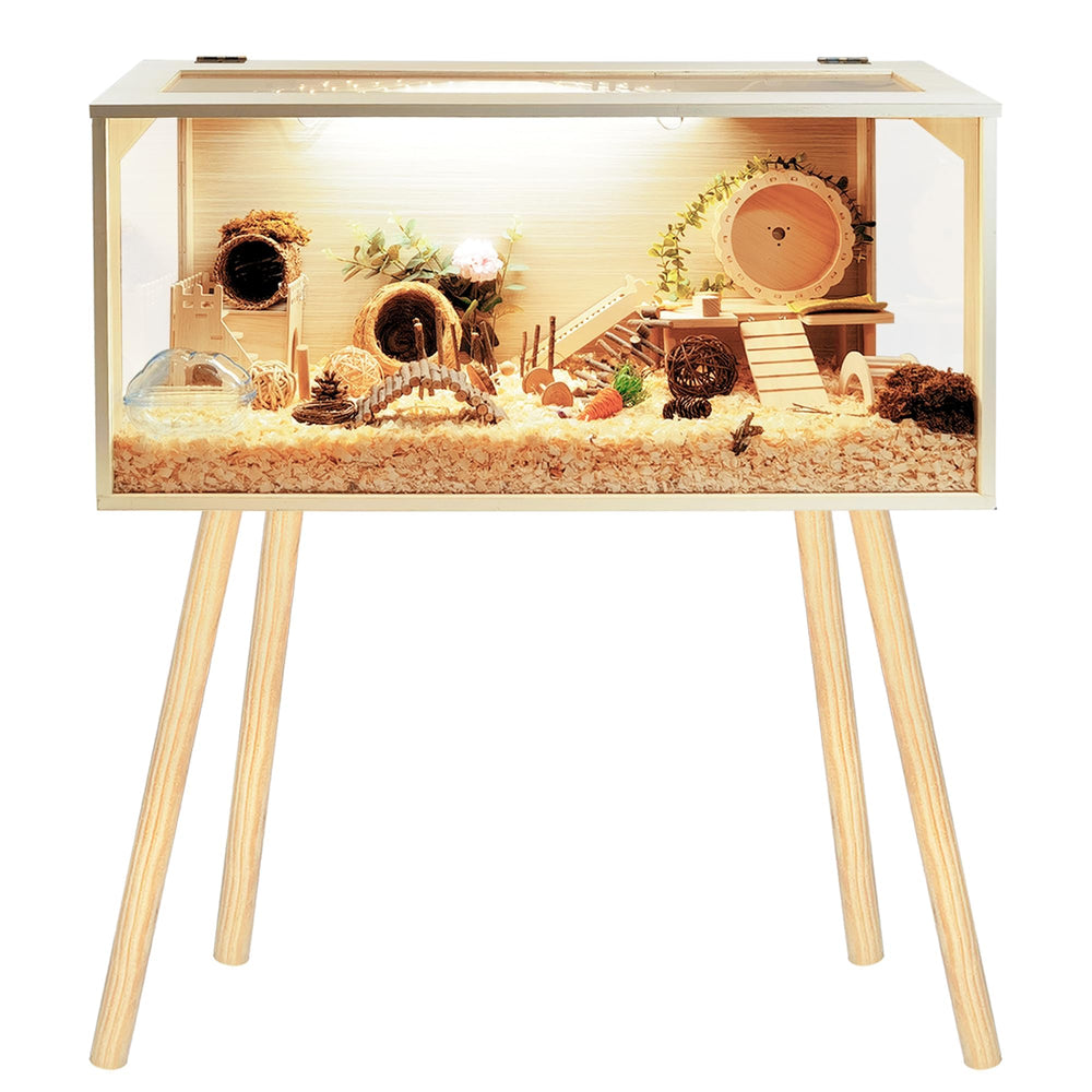 PROLEE hamster cage front view shows chew-proof wood and easy monitoring