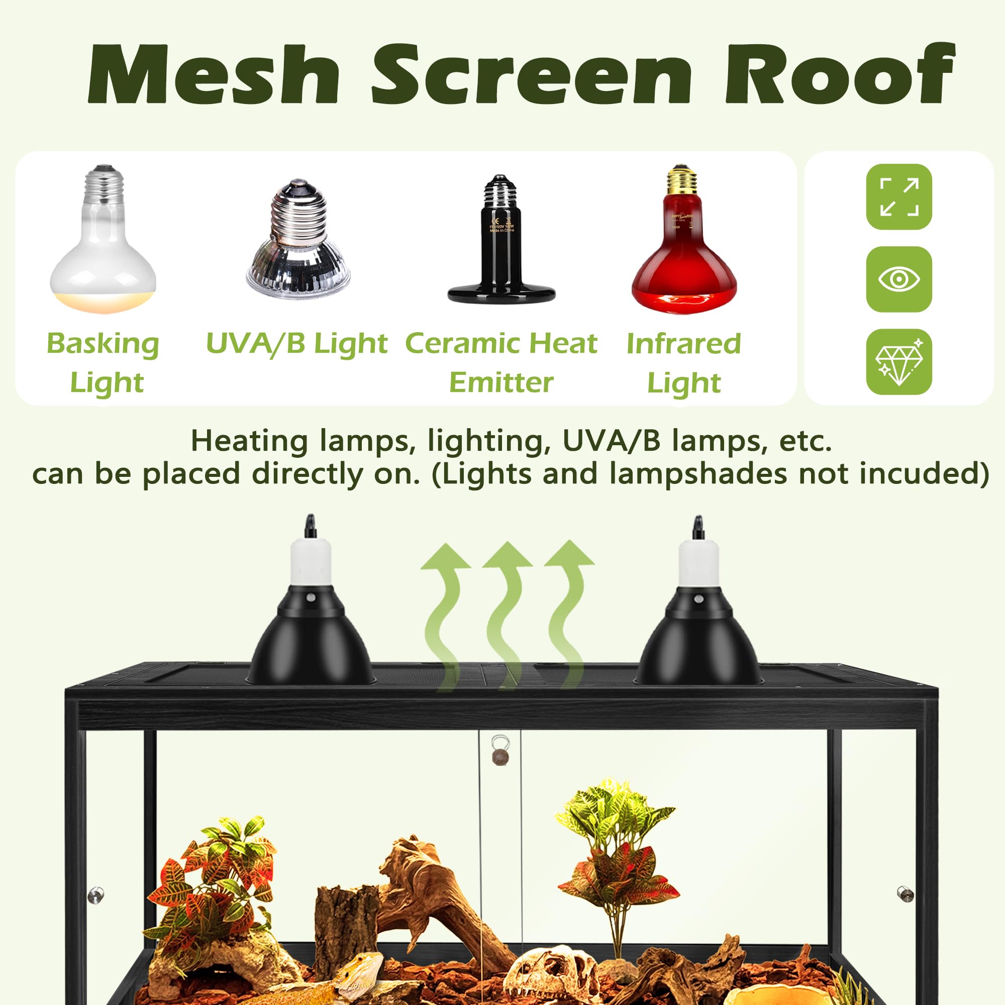 PROLEE metal mesh top ensures proper ventilation for heat lamps and lighting setups.