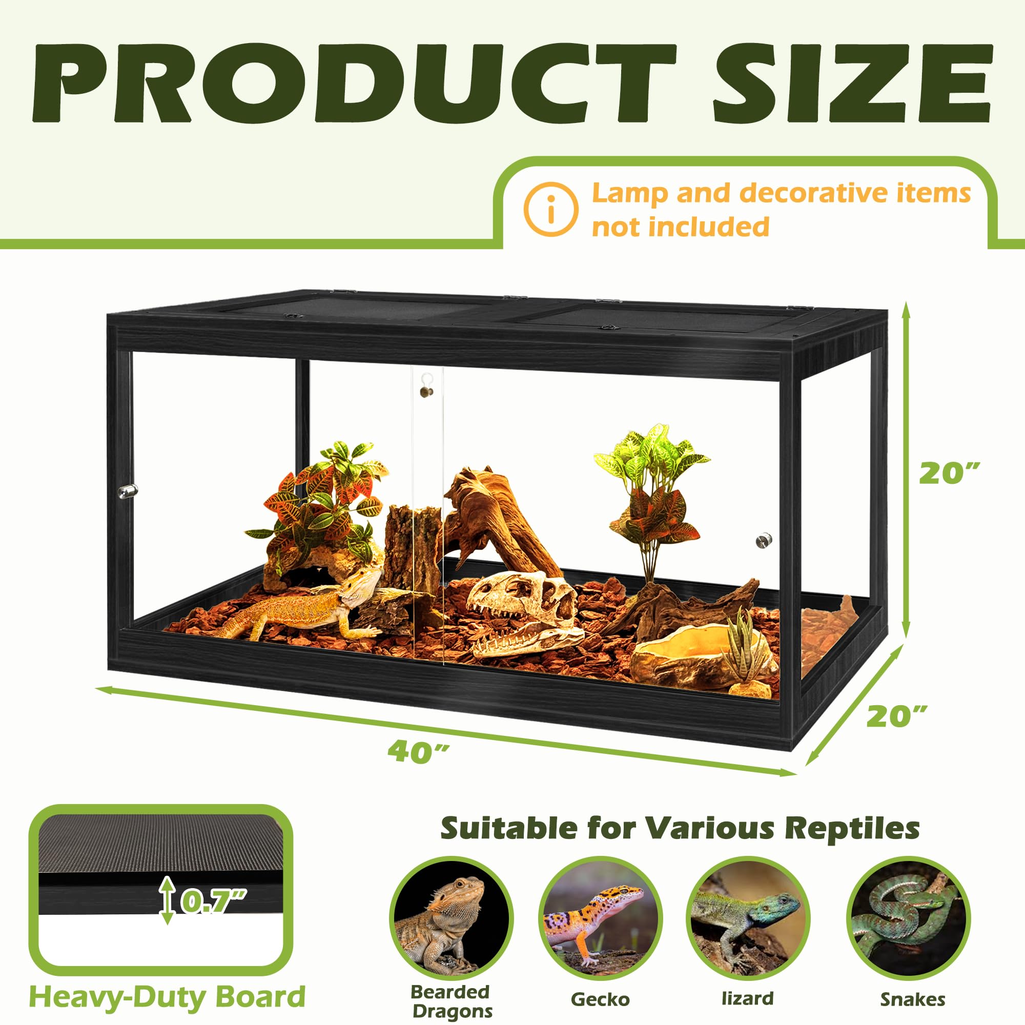PROLEE Reptile enclosure in black with wood and acrylic for clear visibility and durability.