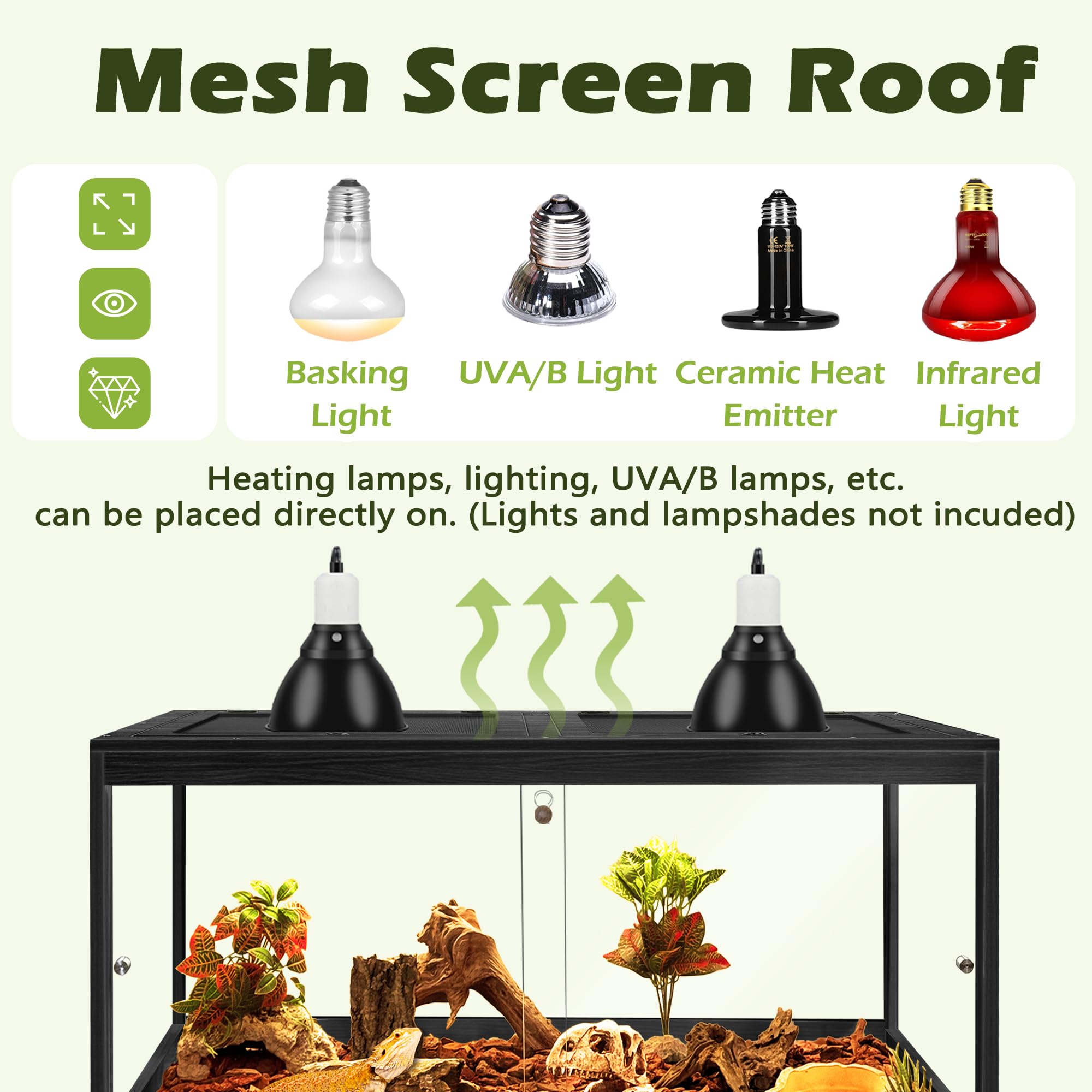 PROLEE reptile tank with metal mesh roof for superior ventilation and lighting setup
