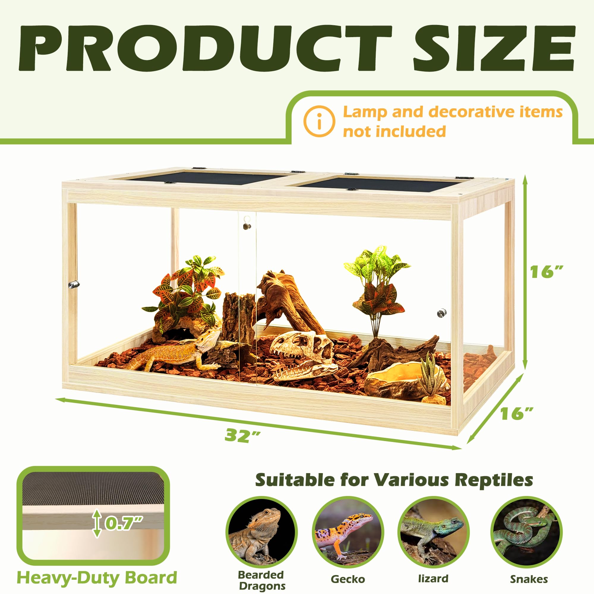 PROLEE tempered glass bearded dragon tank side view reveals spacious interior for active reptiles