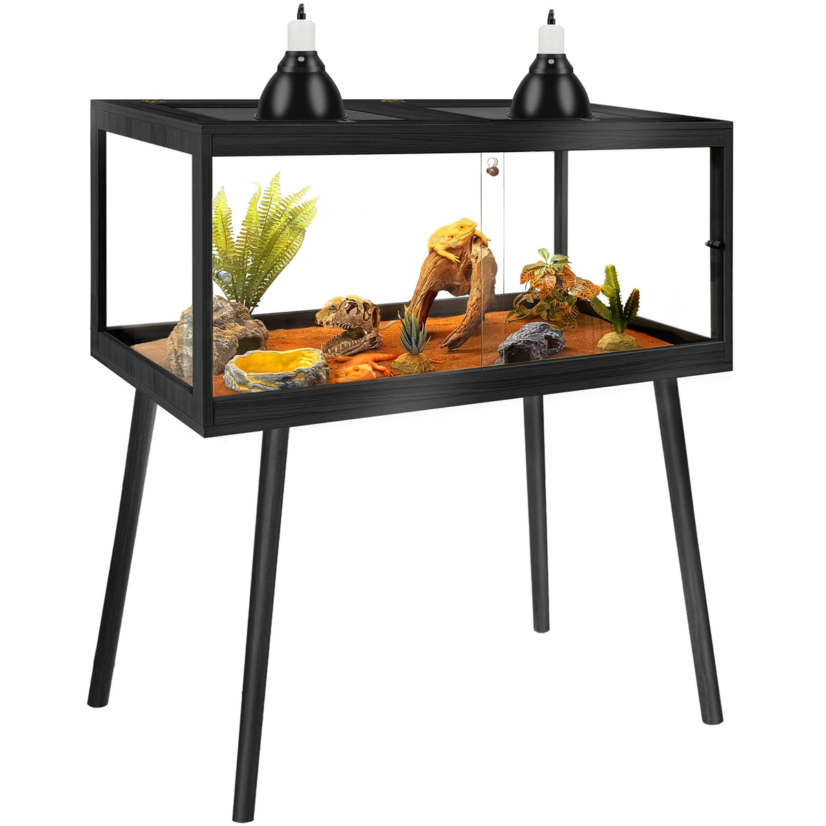 PROLEE 48in side-view tempered-glass reptile enclosure showing spacious habitat for basking and exploration