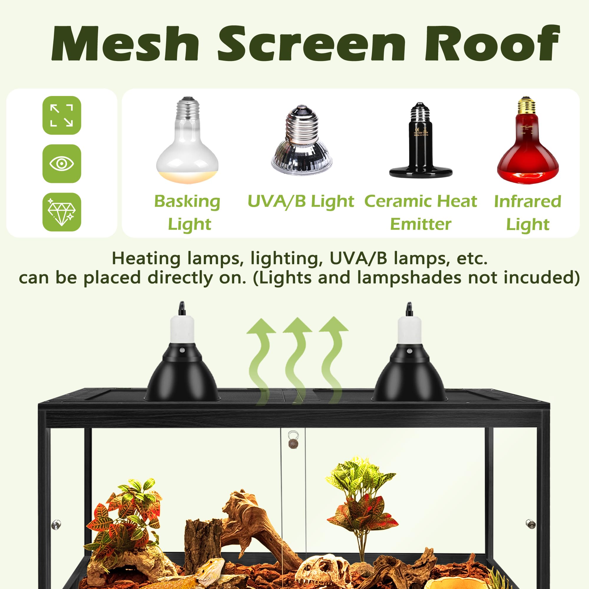 PROLEE terrestrial habitat top metal mesh offers airflow and heat lamp placement.
