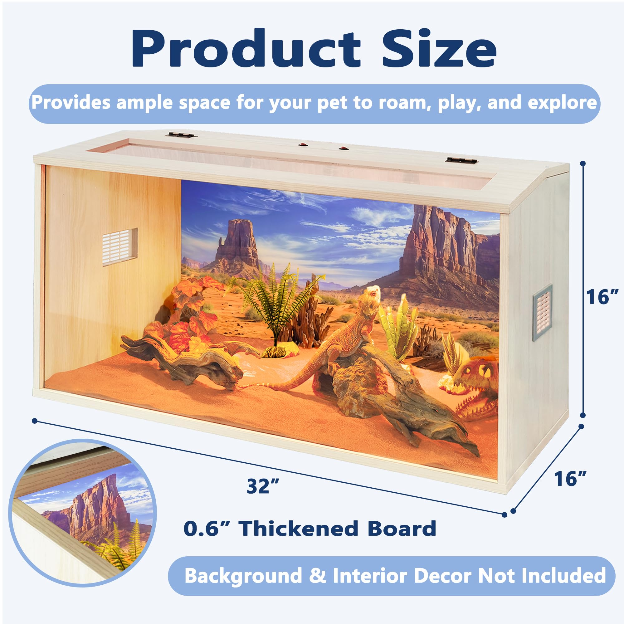 PROLEE wooden reptile tank wood panel emphasizes durable construction and moisture resistance.