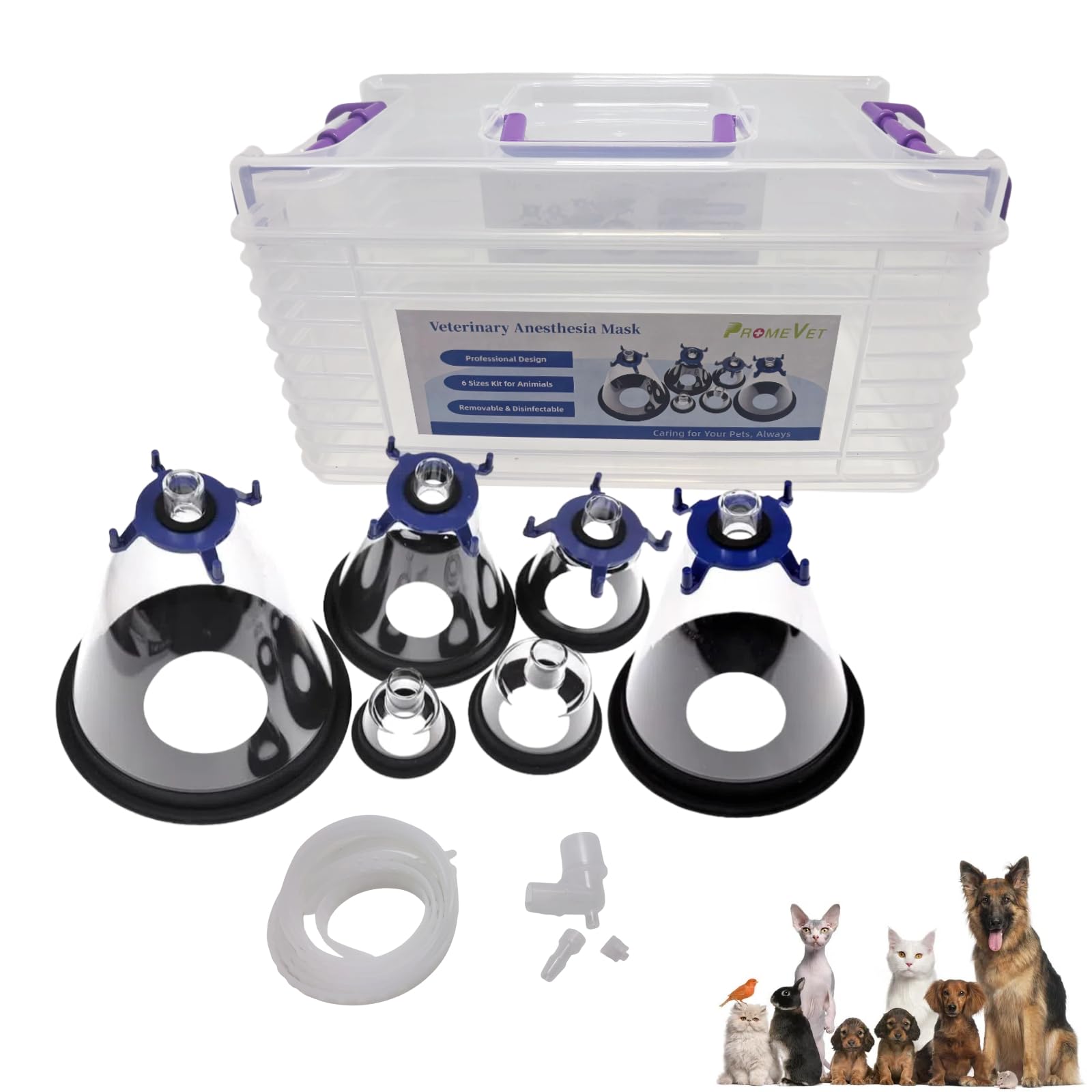 PROMEVET veterinary anesthesia mask set with six sizes ensures a secure seal for diverse pets.