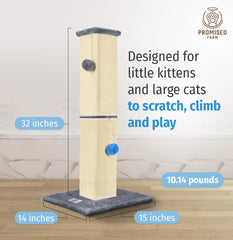 PROMISED FARM cat scratching post two play balls closeup demonstrates interactive entertainment