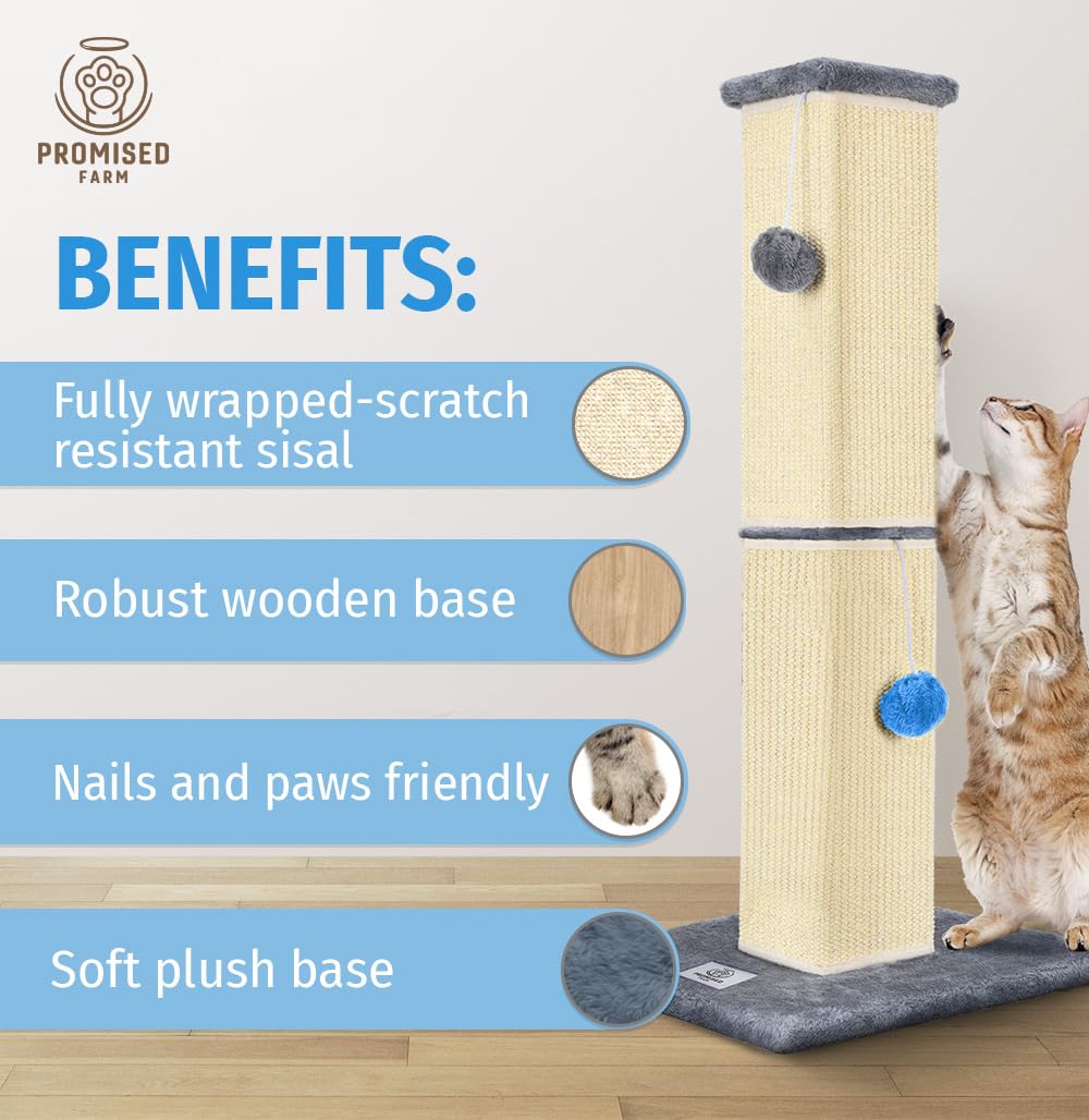 PROMISED FARM tall cat scratching post 32 inches top view highlights stable base and setup