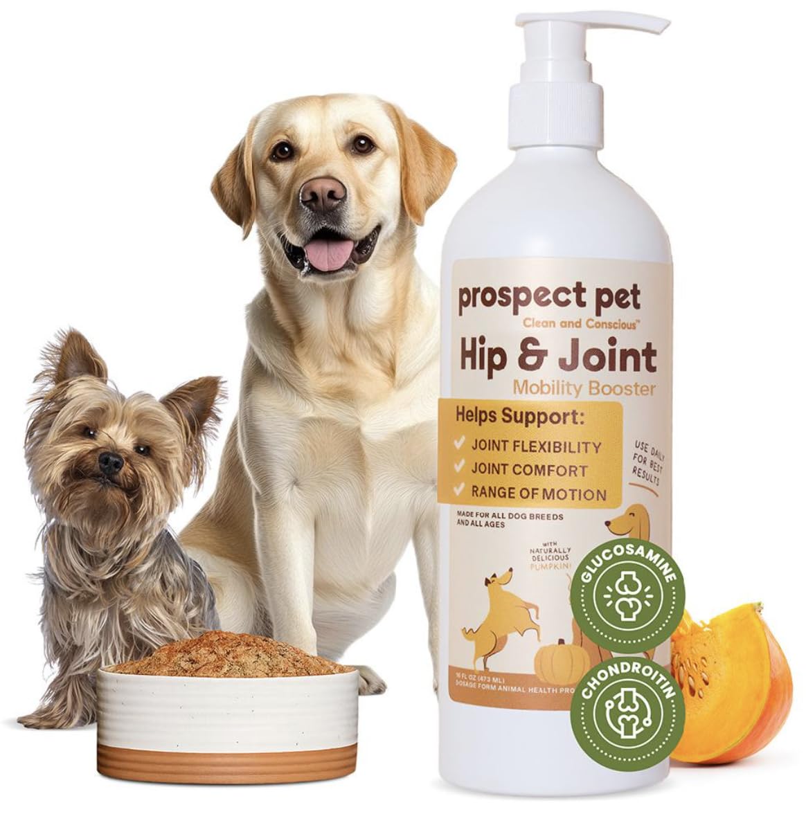 Prospect Pet hip-joint supplement bottle-pour shows easy daily dosing for dogs.