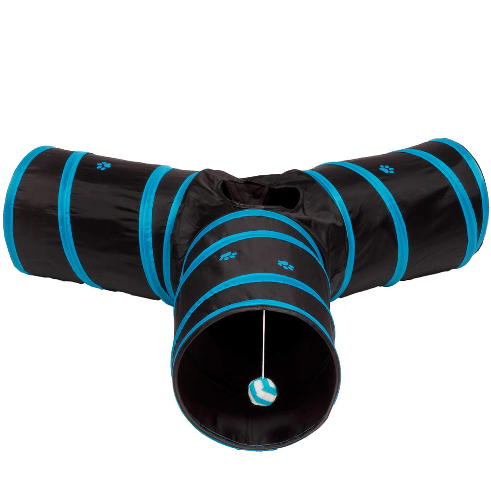 Prosper Pet Cat Tunnel peephole with swinging bell stimulates curiosity during interactive play.
