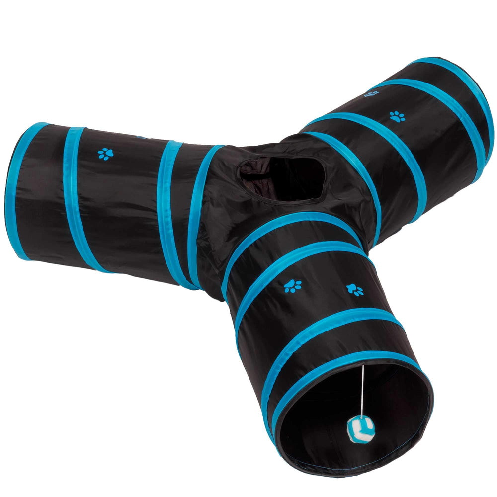 Prosper Pet Cat Tunnel three-way design, collapsible for easy storage and multipath play.