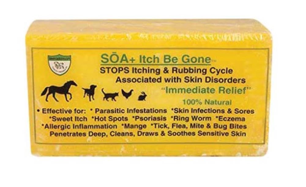 Protected Equine SOA-Itch Be Gone bar soap label ready to soothe irritated skin.