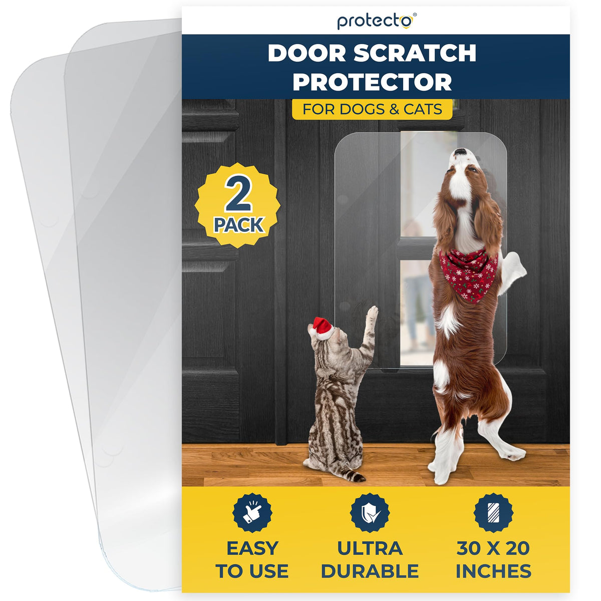 PROTECTO door protector 30x20 clear sheet safeguards doors from pet scratches.