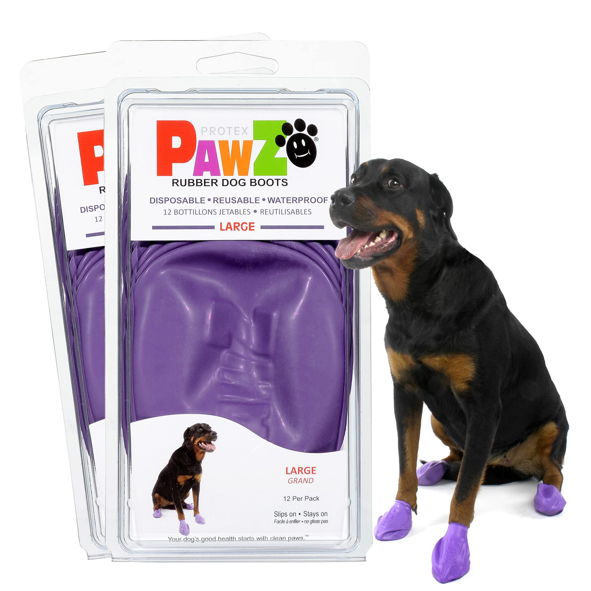 Protex PawZ large purple dog boots pack of 24 protect paws in all-weather conditions.