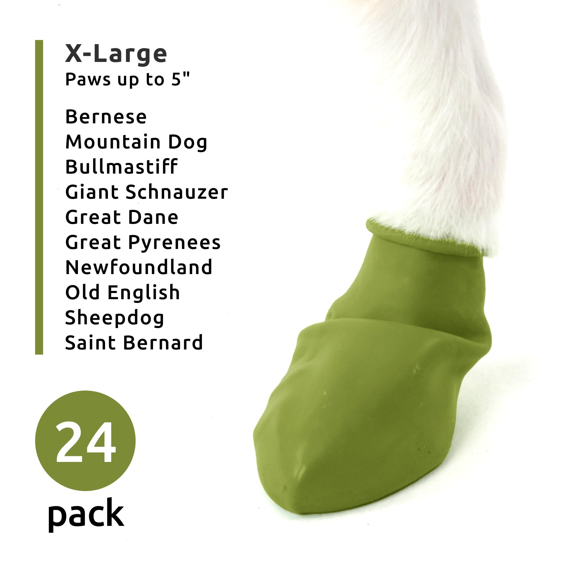 Protex PawZ olive green dog boots worn in rain show waterproof traction.