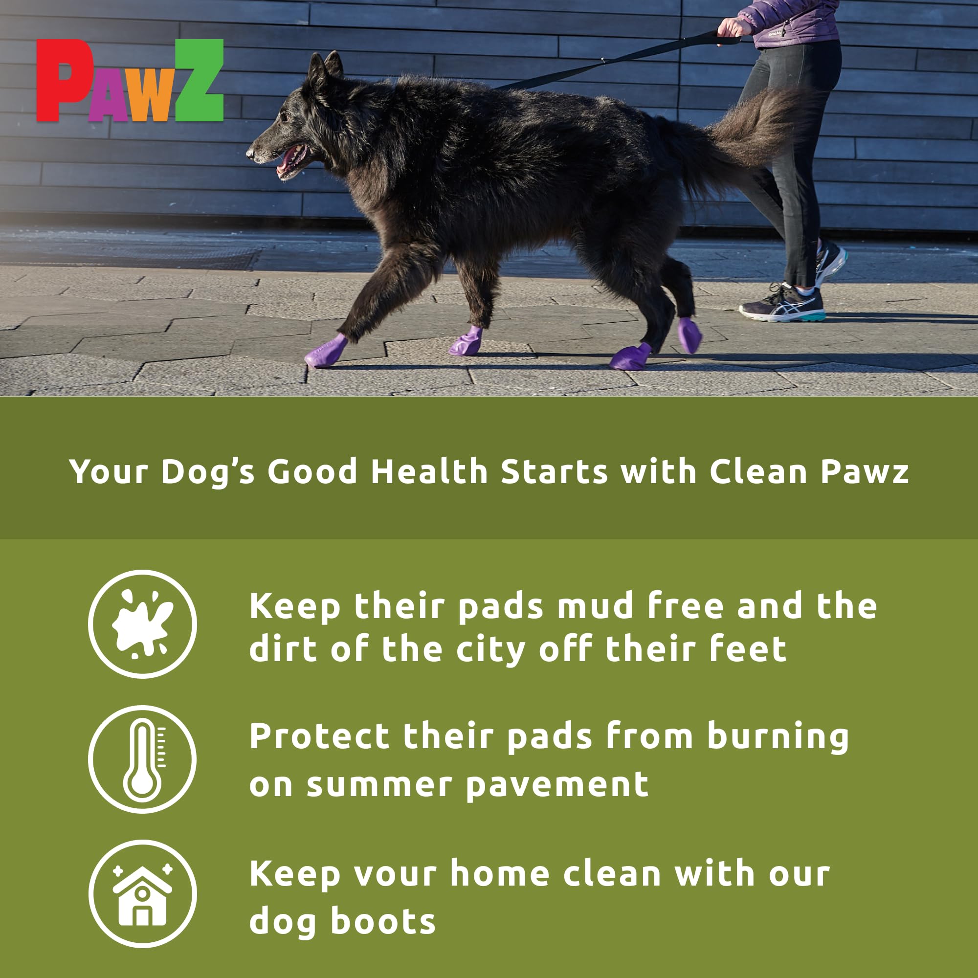 Protex PawZ olive green dog boots natural rubber traction close-up with non-slip grip.