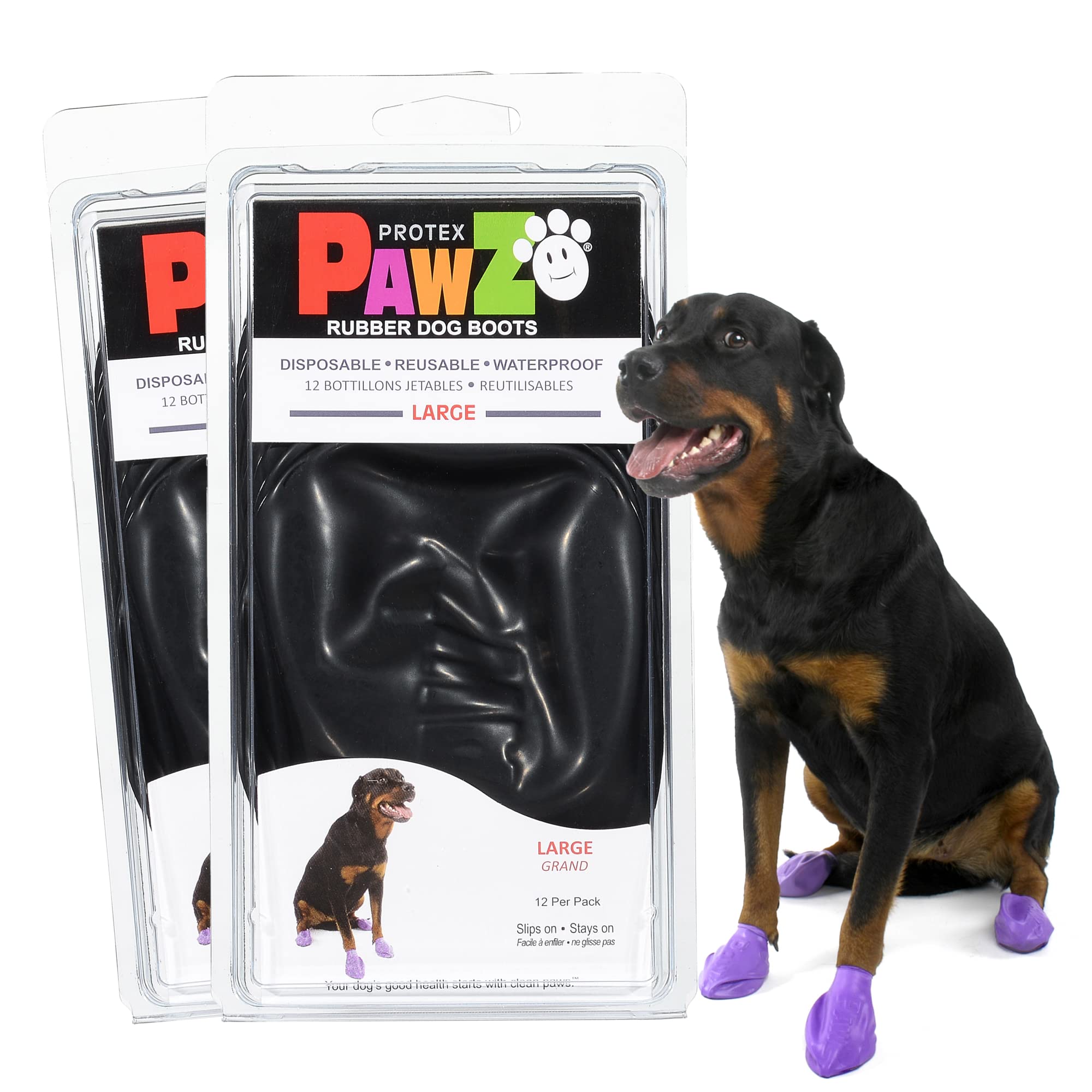 Protex PawZ rubber dog boots—large-paws close-up, secure fit, all-weather protection.