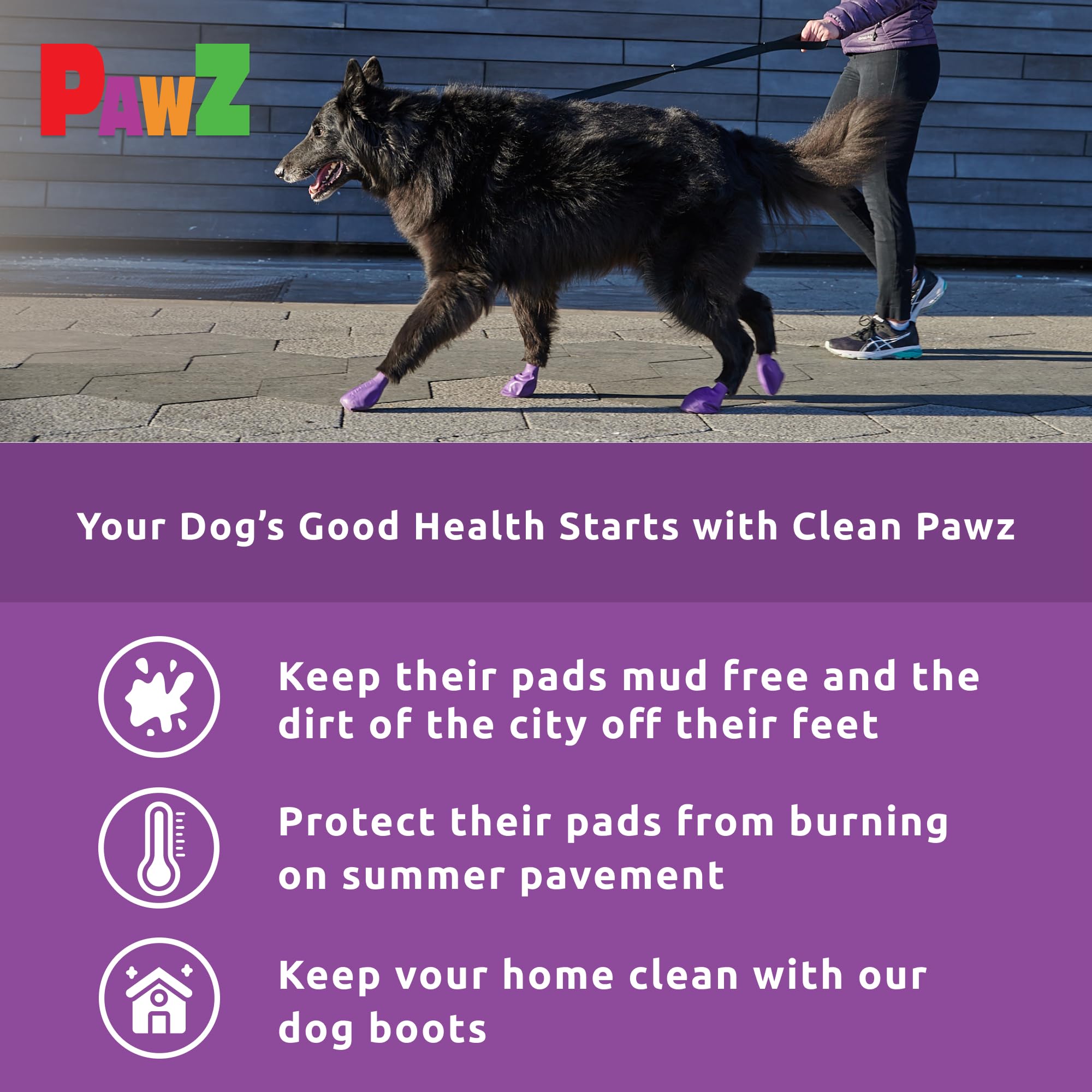 Protex PawZ rubber dog boots on snow demonstrate anti-slip traction.