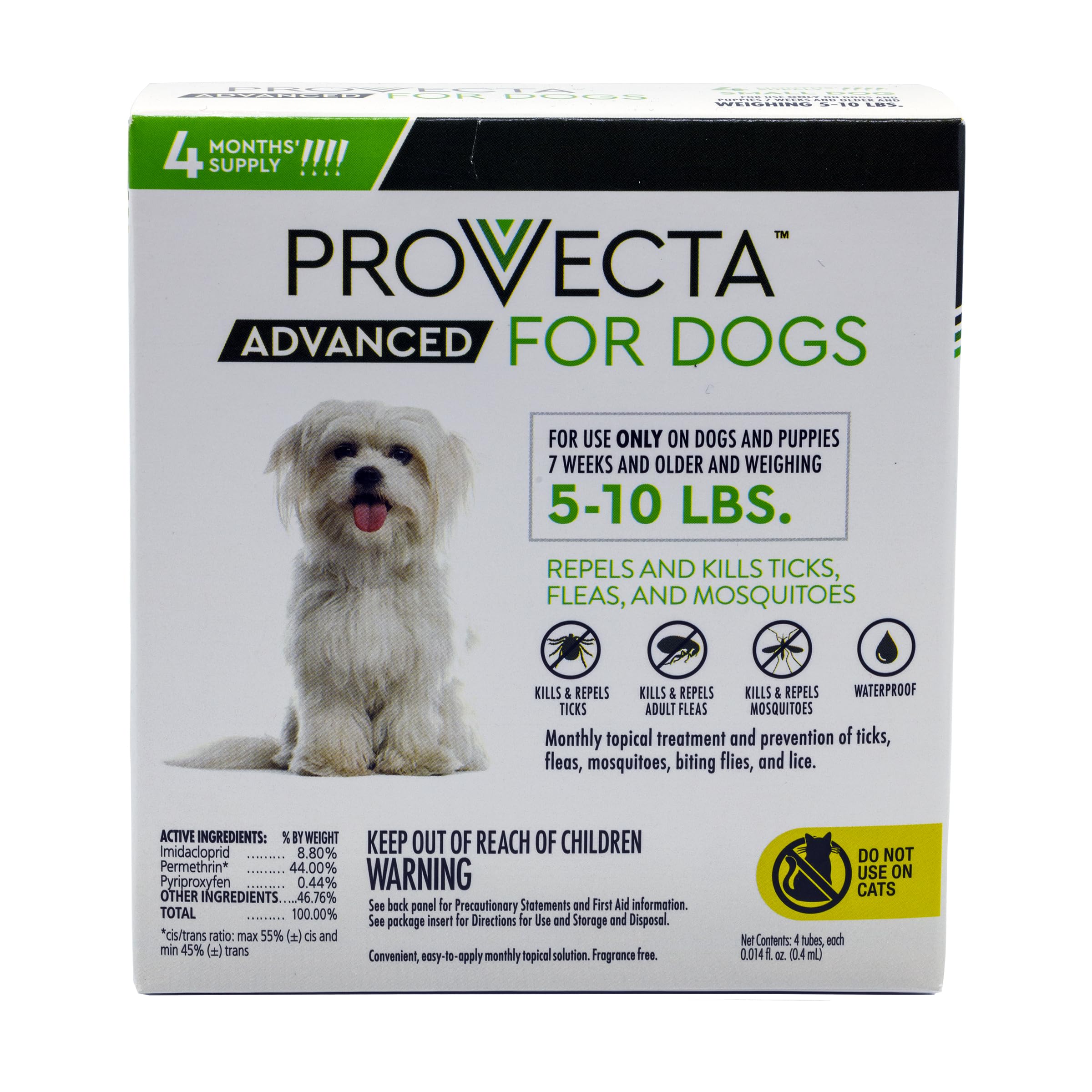 Provecta Advanced for Dogs bottle application shows monthly protection against fleas and ticks.
