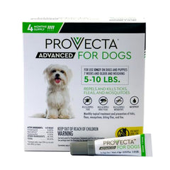 Provecta Advanced for Dogs 5-10 lbs label confirms suitability for seven-week-old dogs and older.