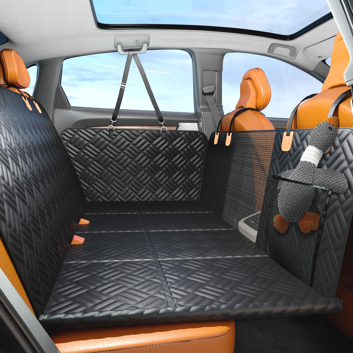 PROZAR dog car seat cover back-seat view protects interior and cushions pets.
