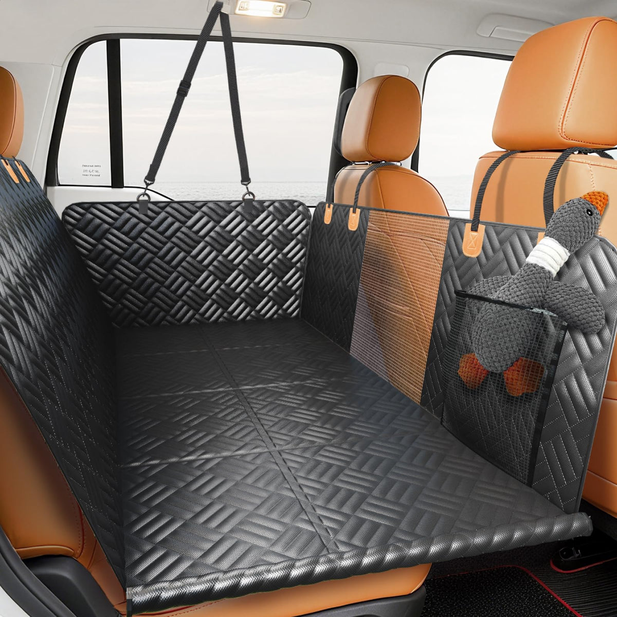 PROZAR dog car seat cover back-seat extender provides roomy space for comfortable travel.