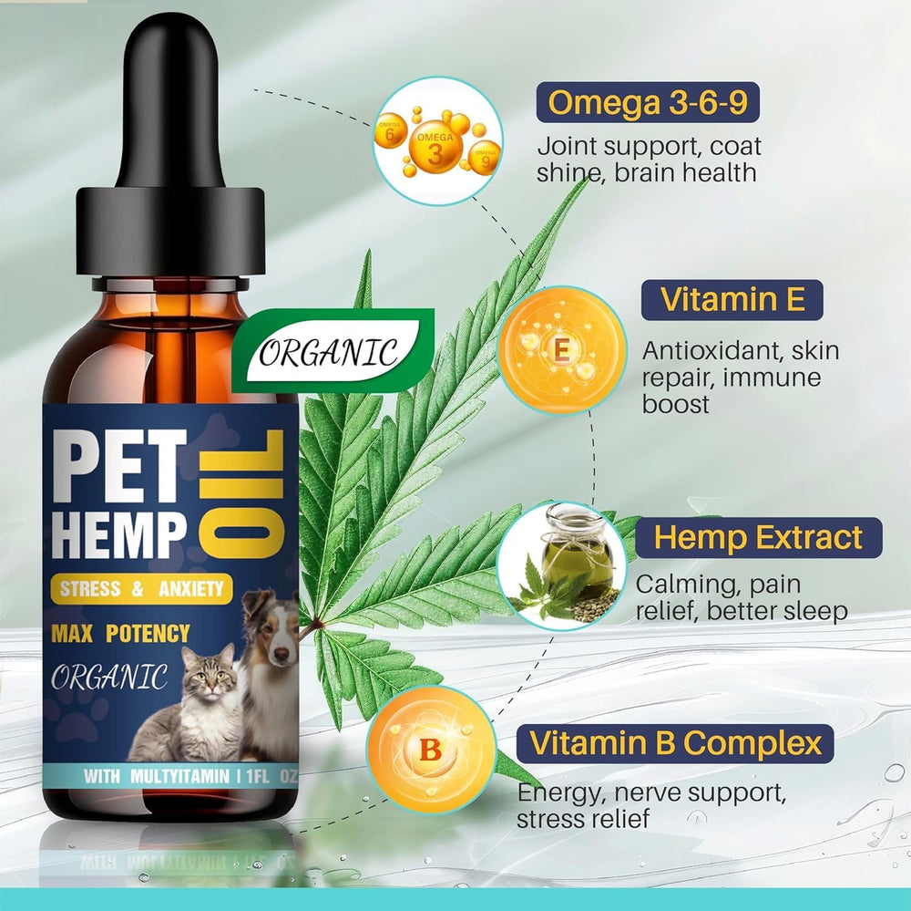 PROZIMA hemp oil 3-pack bottle side shows easy-to-use dosing for pets.
