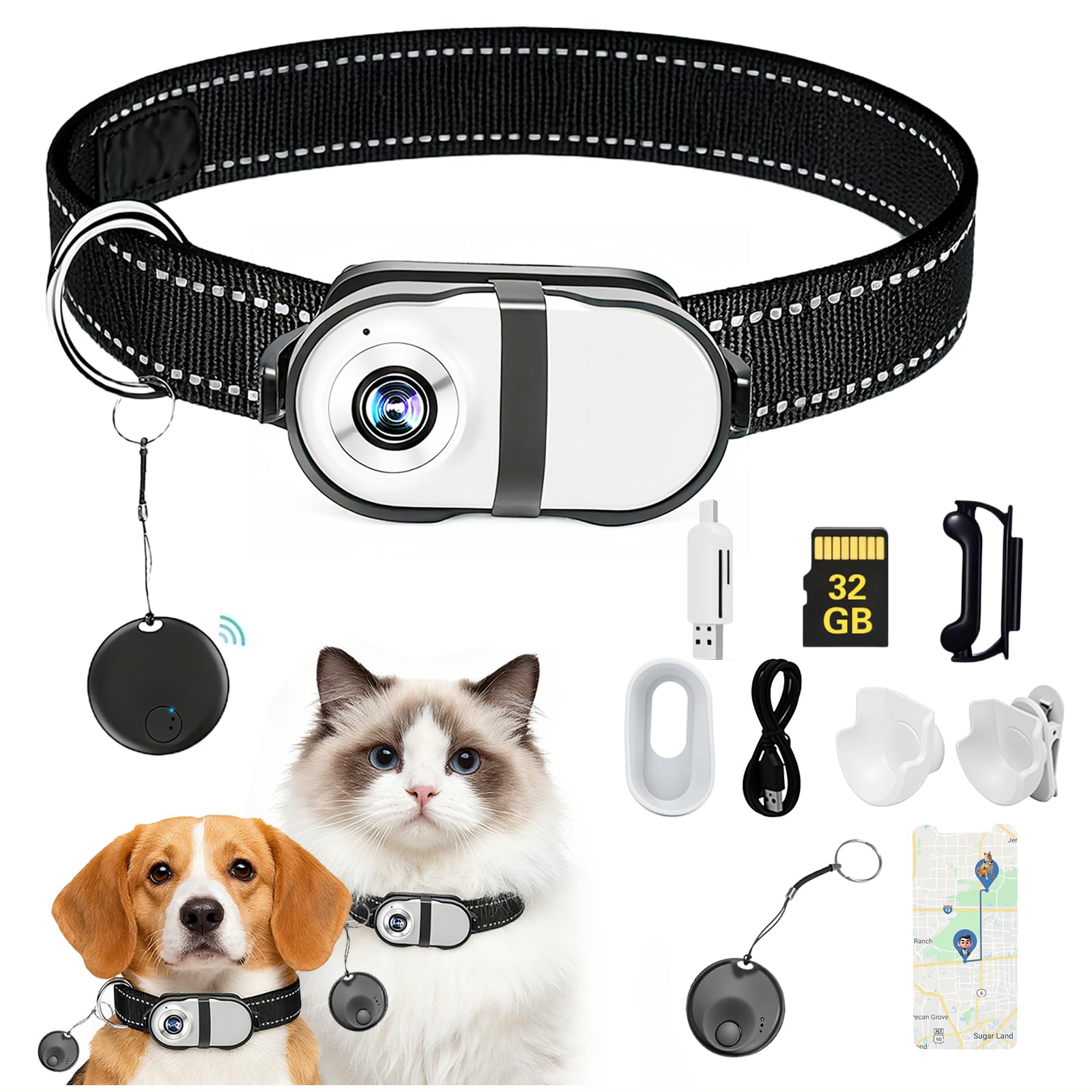 PRRPRR pet camera collar front view for clear 1080P video on indoor adventures.