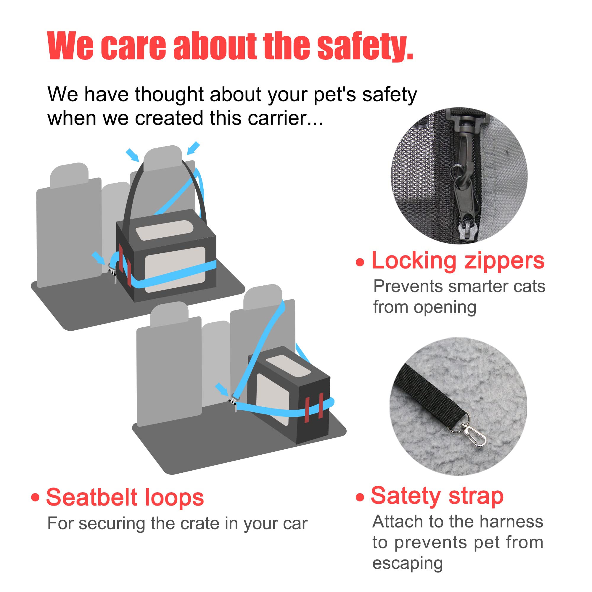 Prutapet Large Cat Carrier car seat buckle reinforces secure car travel.