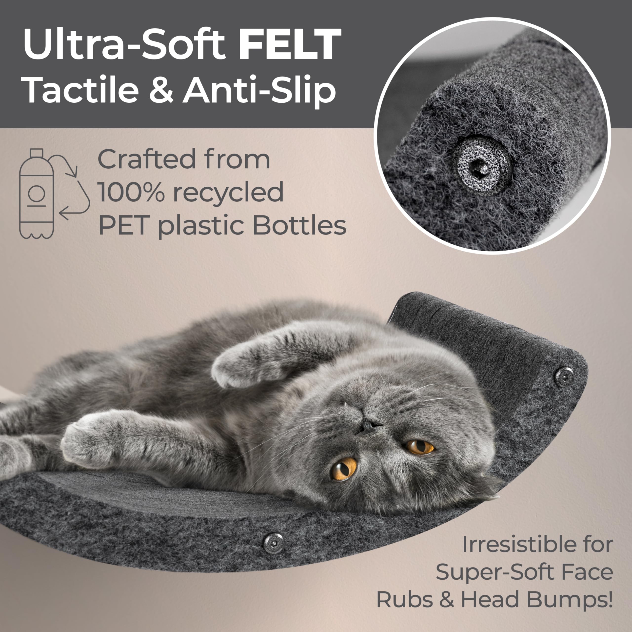 Pryde Pets floating perch curved shelf closeup highlights soft PET felt texture for cozy snugs.